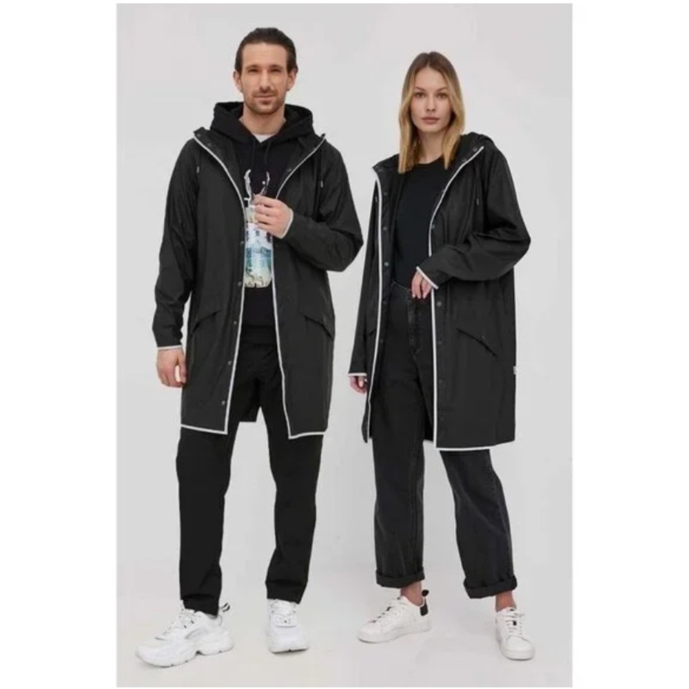 NWT RAINS Black Unisex Long Jacket With Reflective  Hood Size L